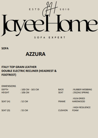 Azzura Full Leather Sofa with Electric Recliner (Headrest and Footrest)